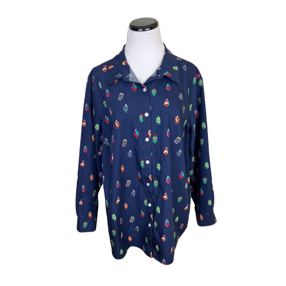 Lands End No Iron Supima Button Front Shirt 18W Sailboat Print Navy Blue - Picture 2 of 8